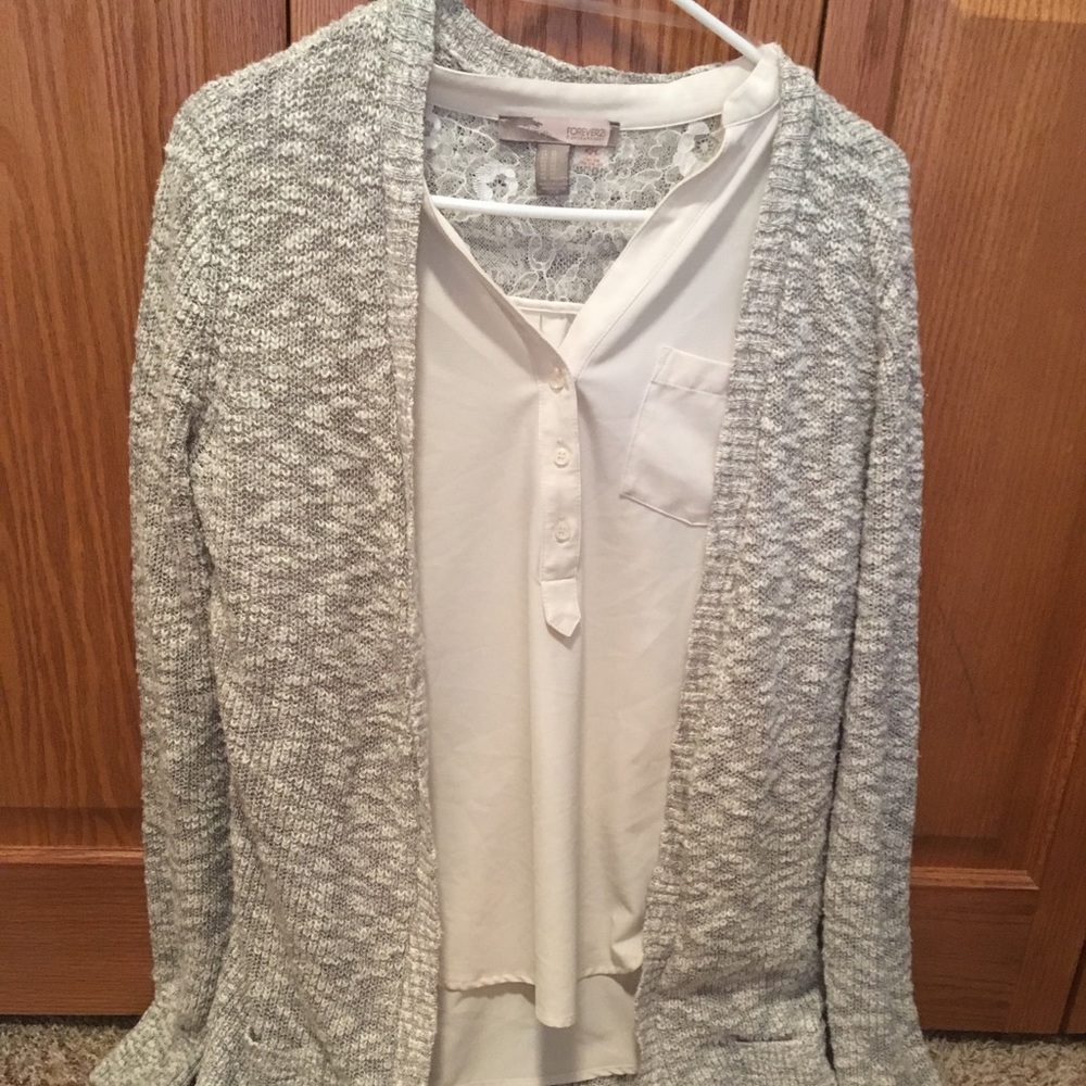 White F21 Blouse & Merona Grey Speckle Cardigan